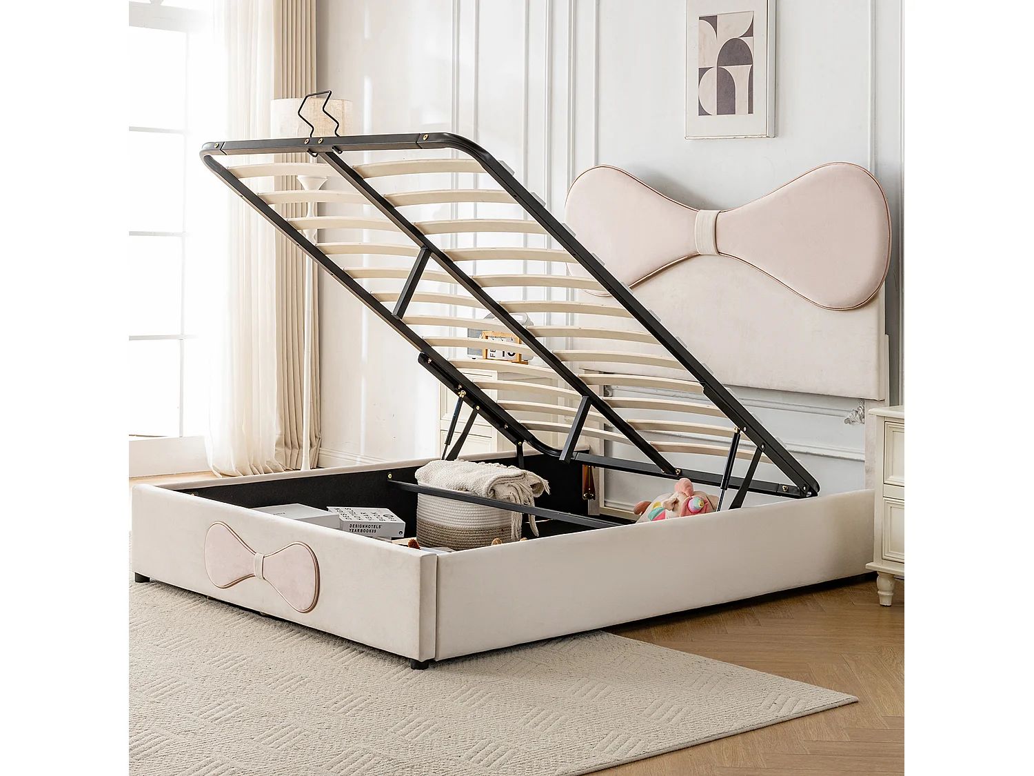 Lit hydraulique avec tête de lit réglable, tissu velours, beige et rose, 140x200 cm