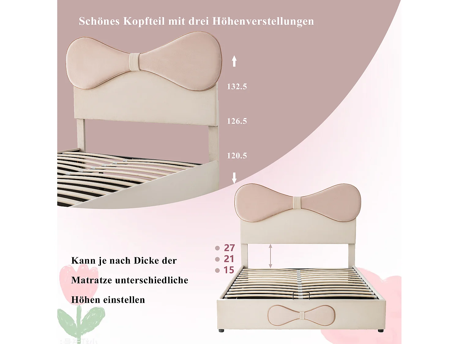 Lit hydraulique avec tête de lit réglable, tissu velours, beige et rose, 140x200 cm