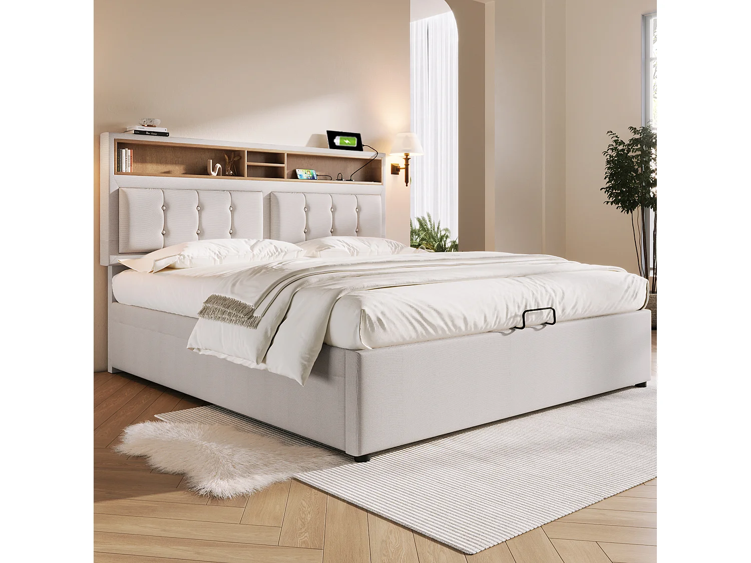 Lit double avec tête réglable, prise USB-C intégrée, rangement, lin beige (163x204x92 cm)