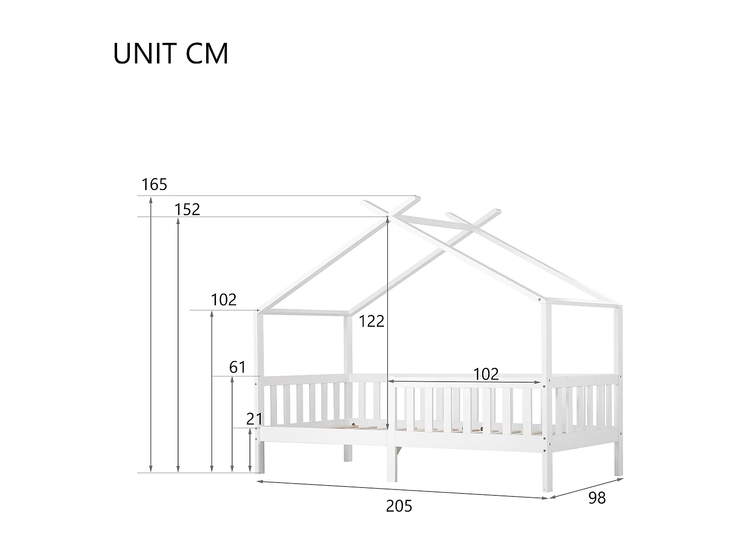 Letto a casetta per bambini con sponda di sicurezza, struttura in legno massello, bianco (200x90 cm)