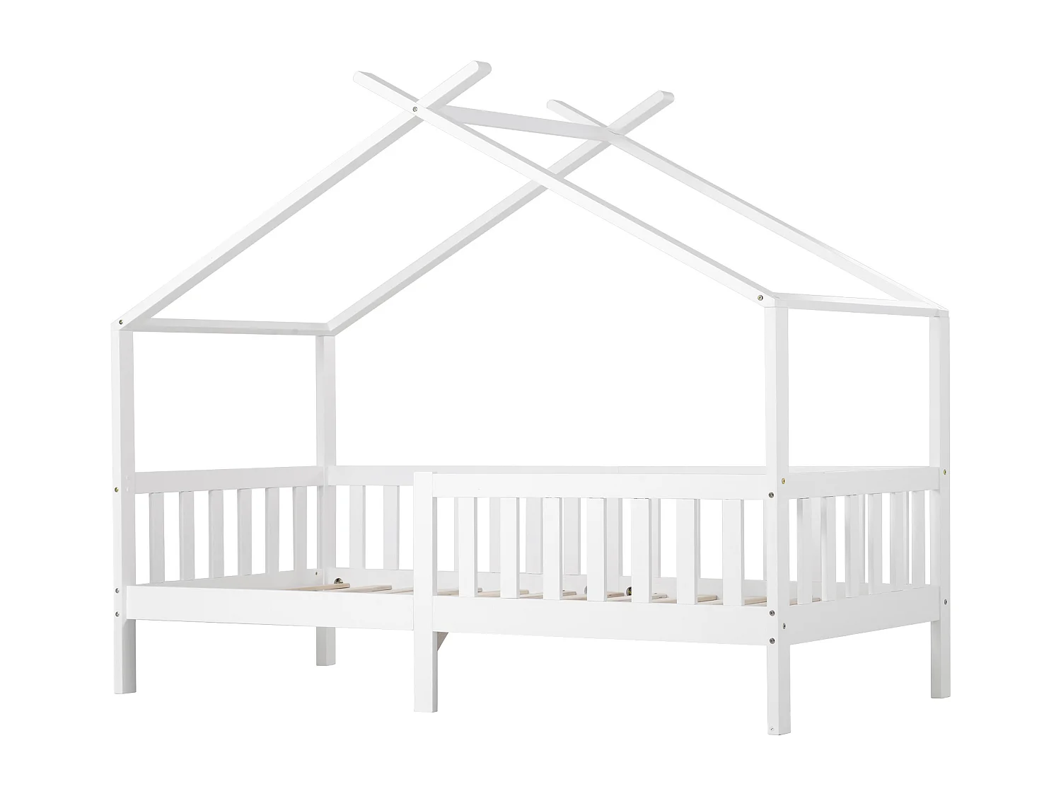 Letto a casetta per bambini con sponda di sicurezza, struttura in legno massello, bianco (200x90 cm)