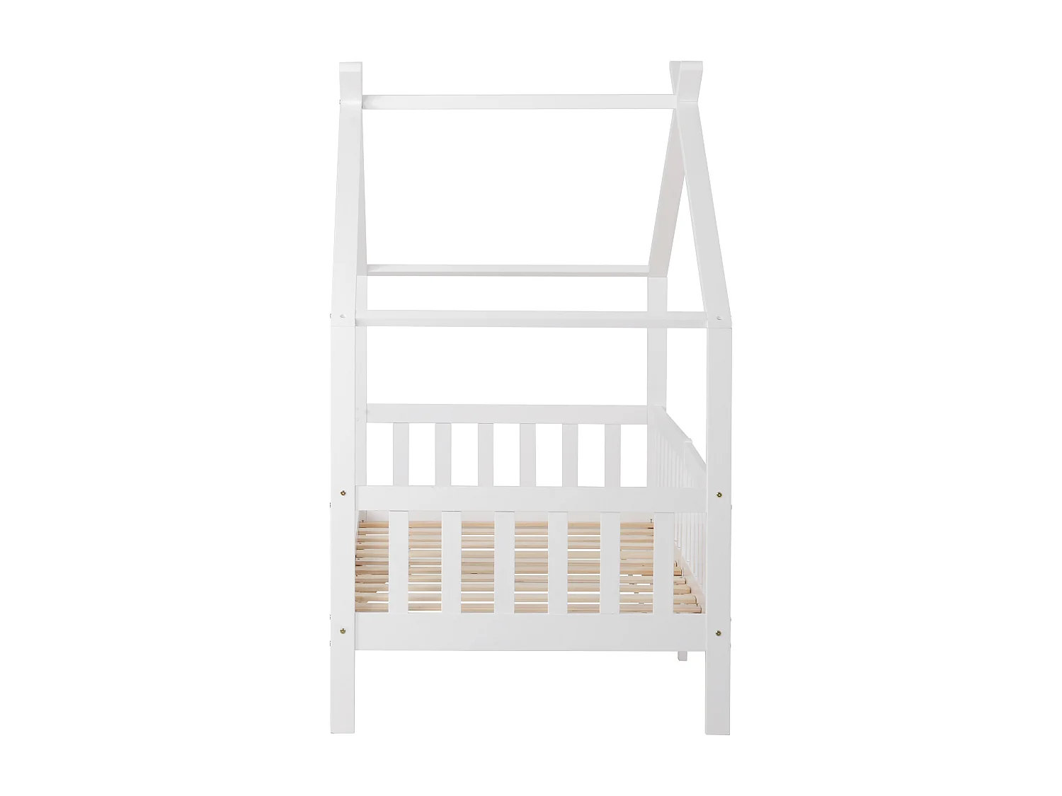 Letto a casetta per bambini con sponda di sicurezza, struttura in legno massello, bianco (200x90 cm)