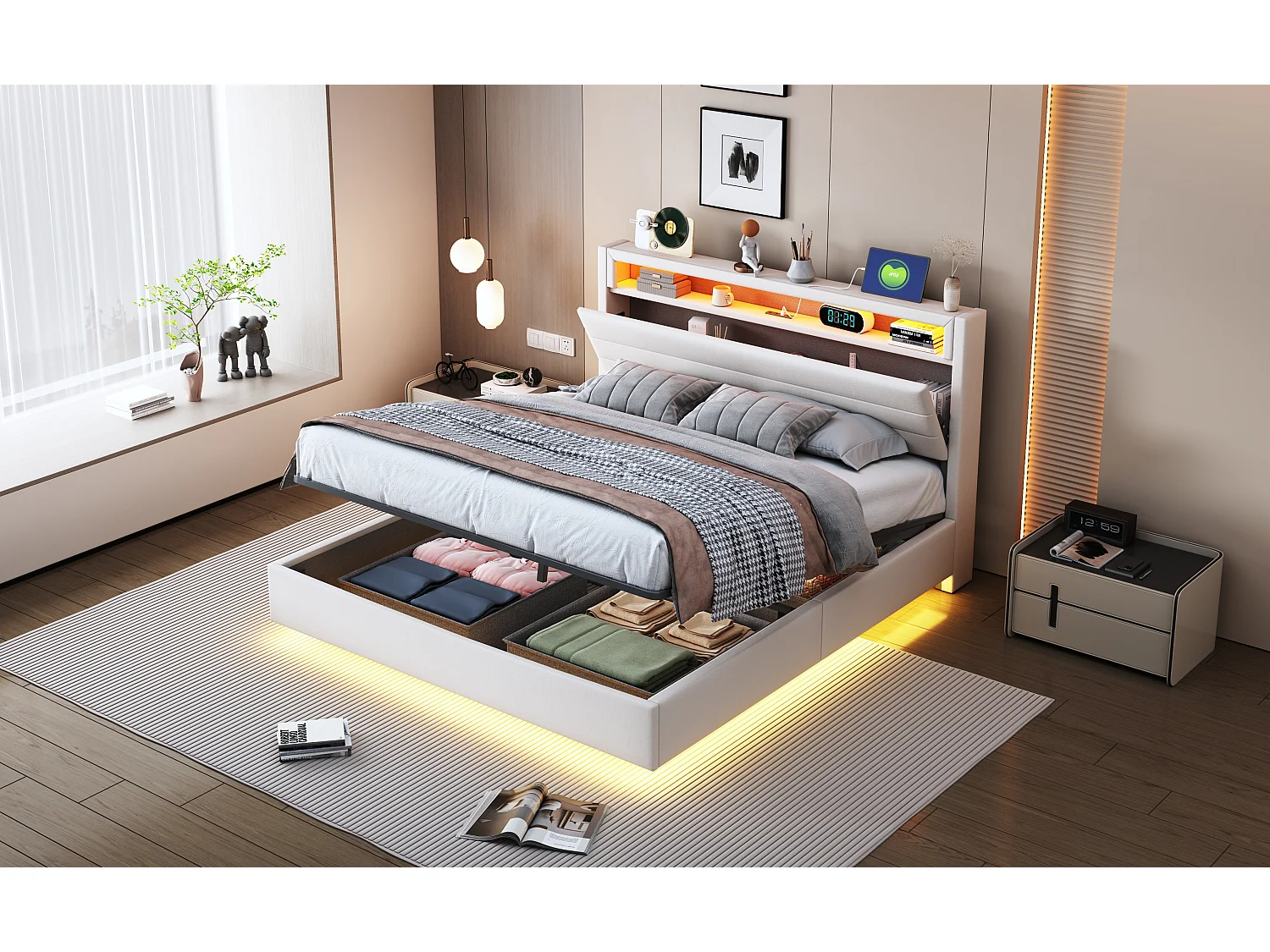 Lit avec tête inclinable 140x200 cm, cadre flottant hydraulique avec rangement, USB et LED, tissu beige (214x141x110 cm)