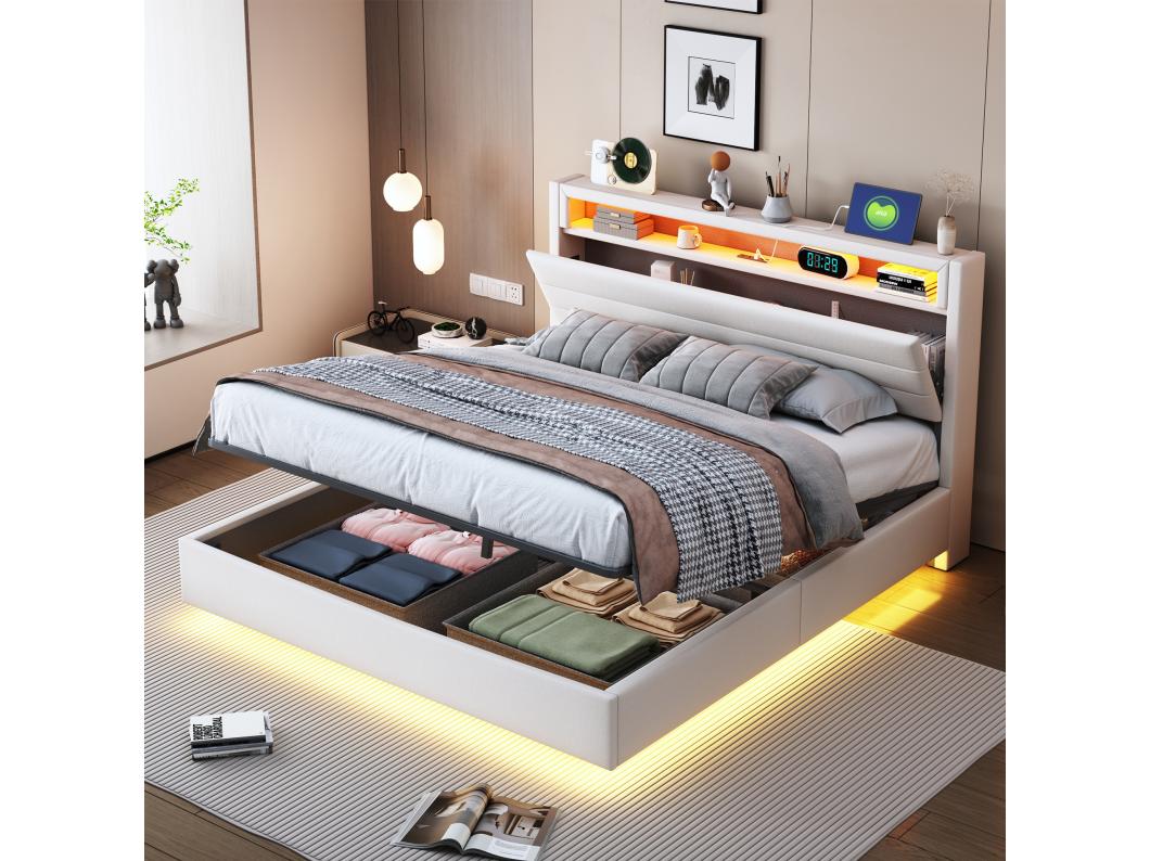 Letto con testiera reclinabile 140x200 cm, rete flottante idraulica con contenitore, USB e LED, tessuto beige (214x141x110 cm)