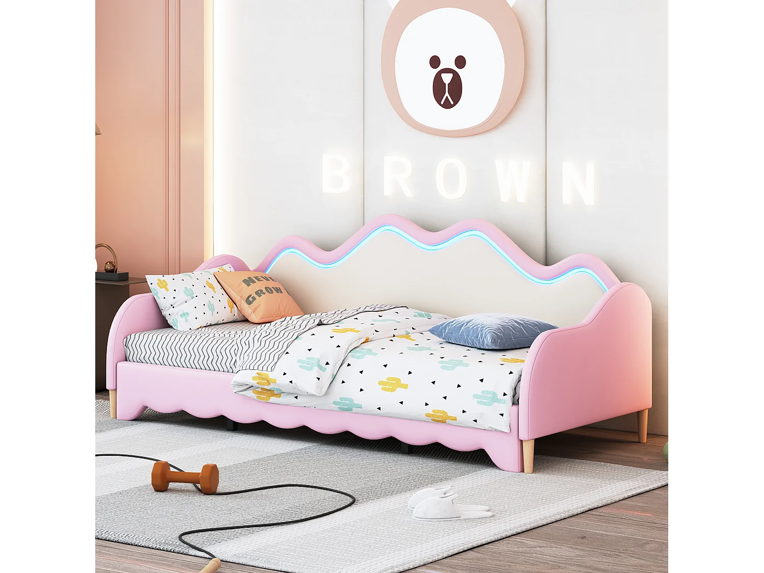 Lit enfant multifonction 2-en-1, tissu simili cuir, LED intégrée, rose (201x93x73cm)