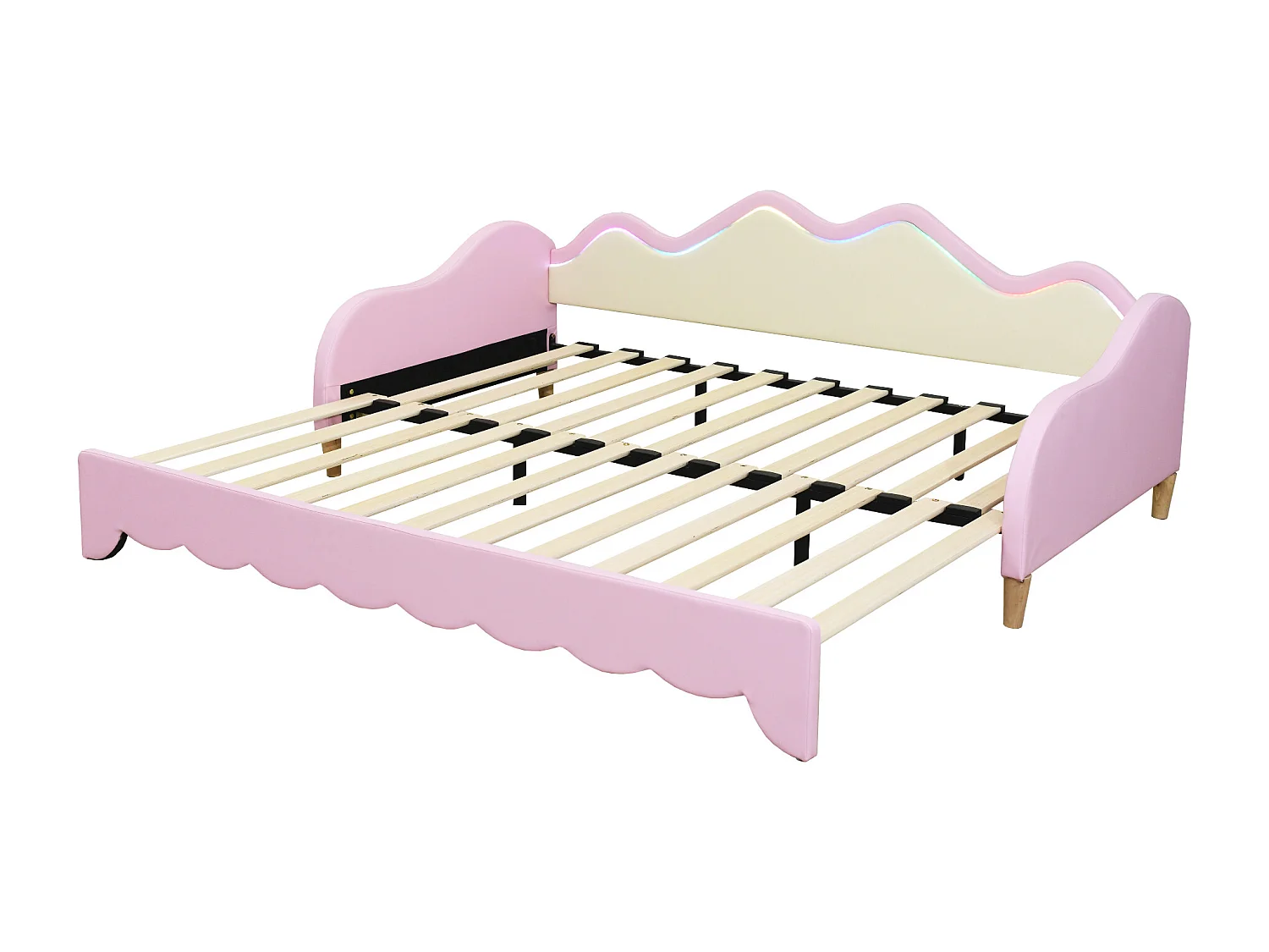 Lit enfant multifonction 2-en-1, tissu simili cuir, LED intégrée, rose (201x93x73cm)