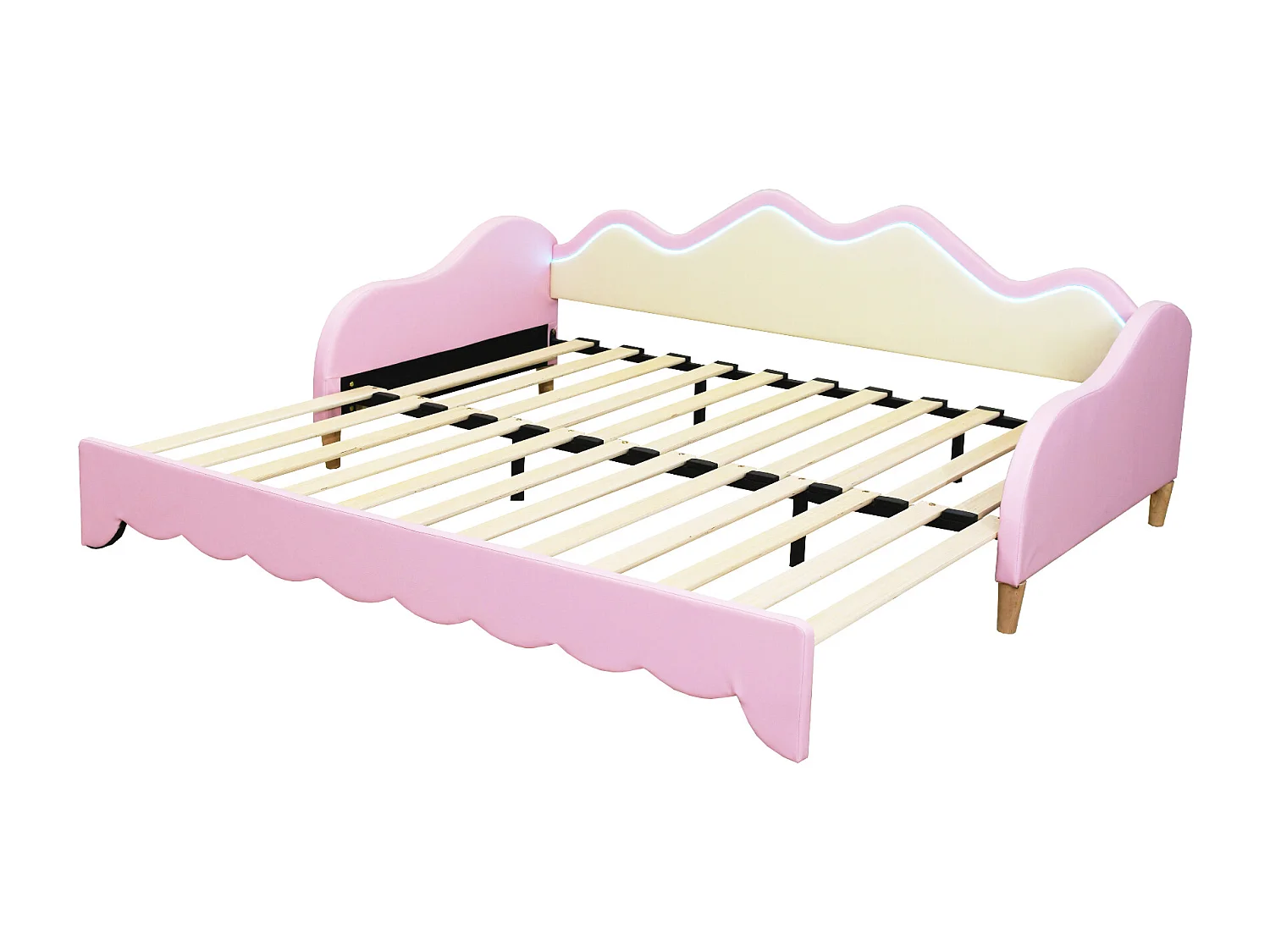 Lit enfant multifonction 2-en-1, tissu simili cuir, LED intégrée, rose (201x93x73cm)