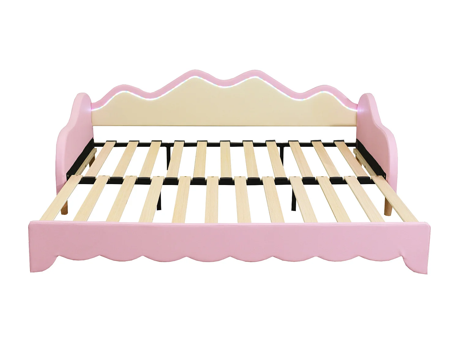 Lit enfant multifonction 2-en-1, tissu simili cuir, LED intégrée, rose (201x93x73cm)