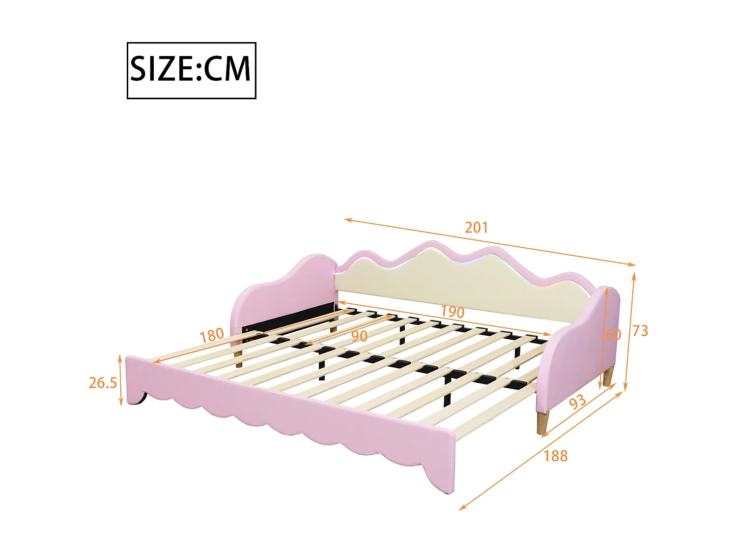 Lit enfant multifonction 2-en-1, tissu simili cuir, LED intégrée, rose (201x93x73cm)