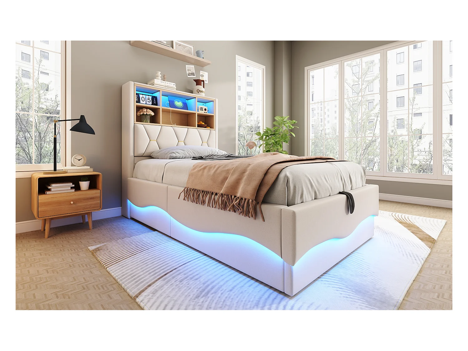 Letto per bambini 90x200 cm, con contenitore idraulico, LED controllabili tramite app, porta USB, metallo, tessuto di lino beige (221x93x131 cm)