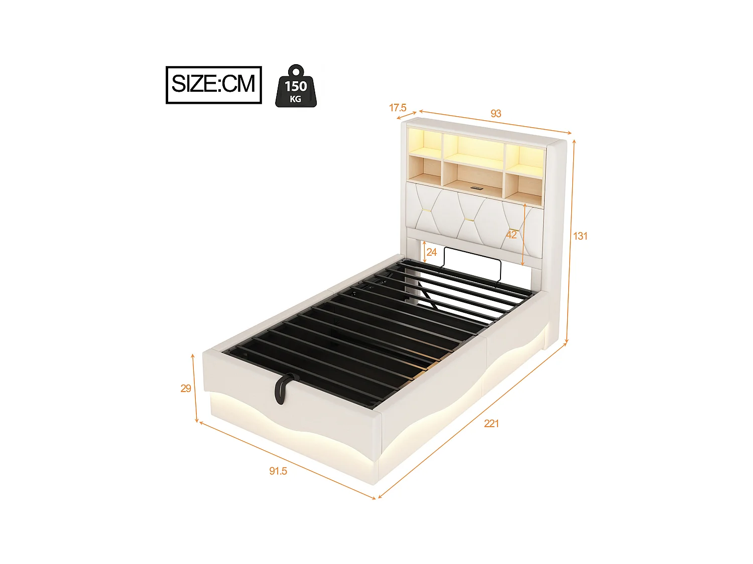 Letto per bambini 90x200 cm, con contenitore idraulico, LED controllabili tramite app, porta USB, metallo, tessuto di lino beige (221x93x131 cm)