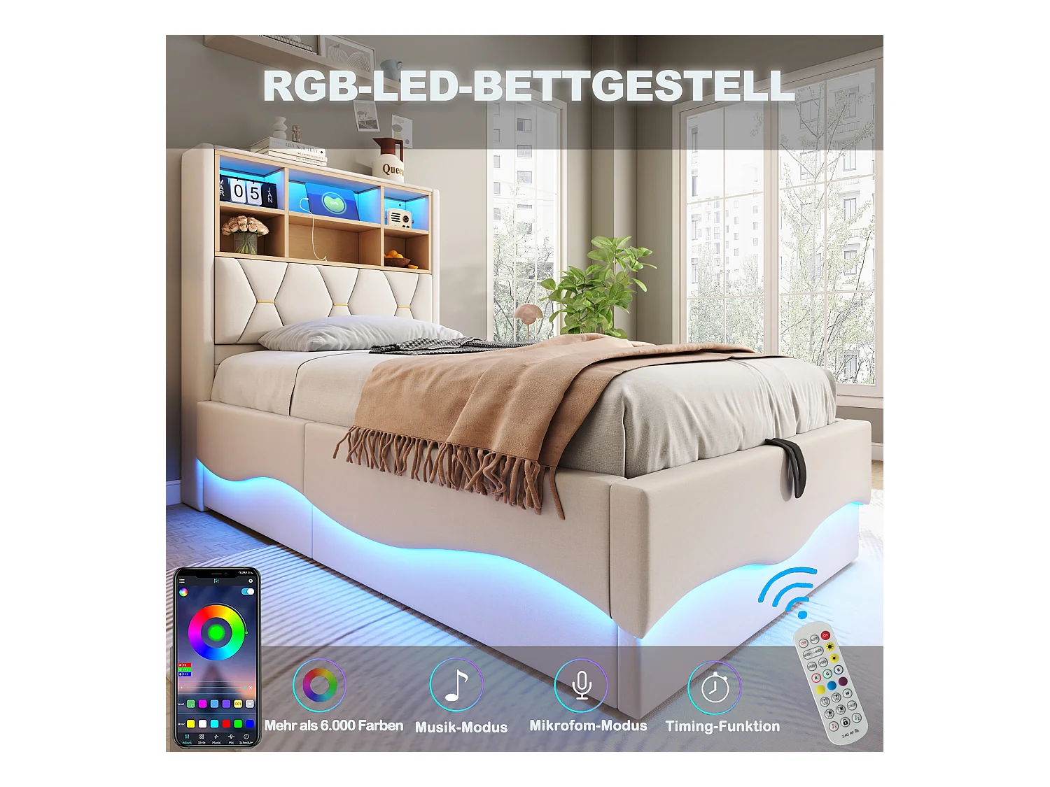 Letto per bambini 90x200 cm, con contenitore idraulico, LED controllabili tramite app, porta USB, metallo, tessuto di lino beige (221x93x131 cm)