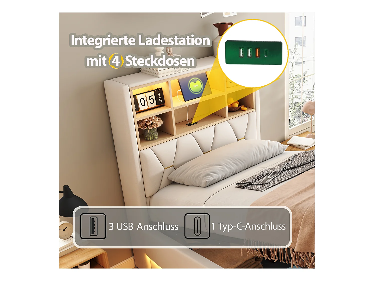 Letto per bambini 90x200 cm, con contenitore idraulico, LED controllabili tramite app, porta USB, metallo, tessuto di lino beige (221x93x131 cm)