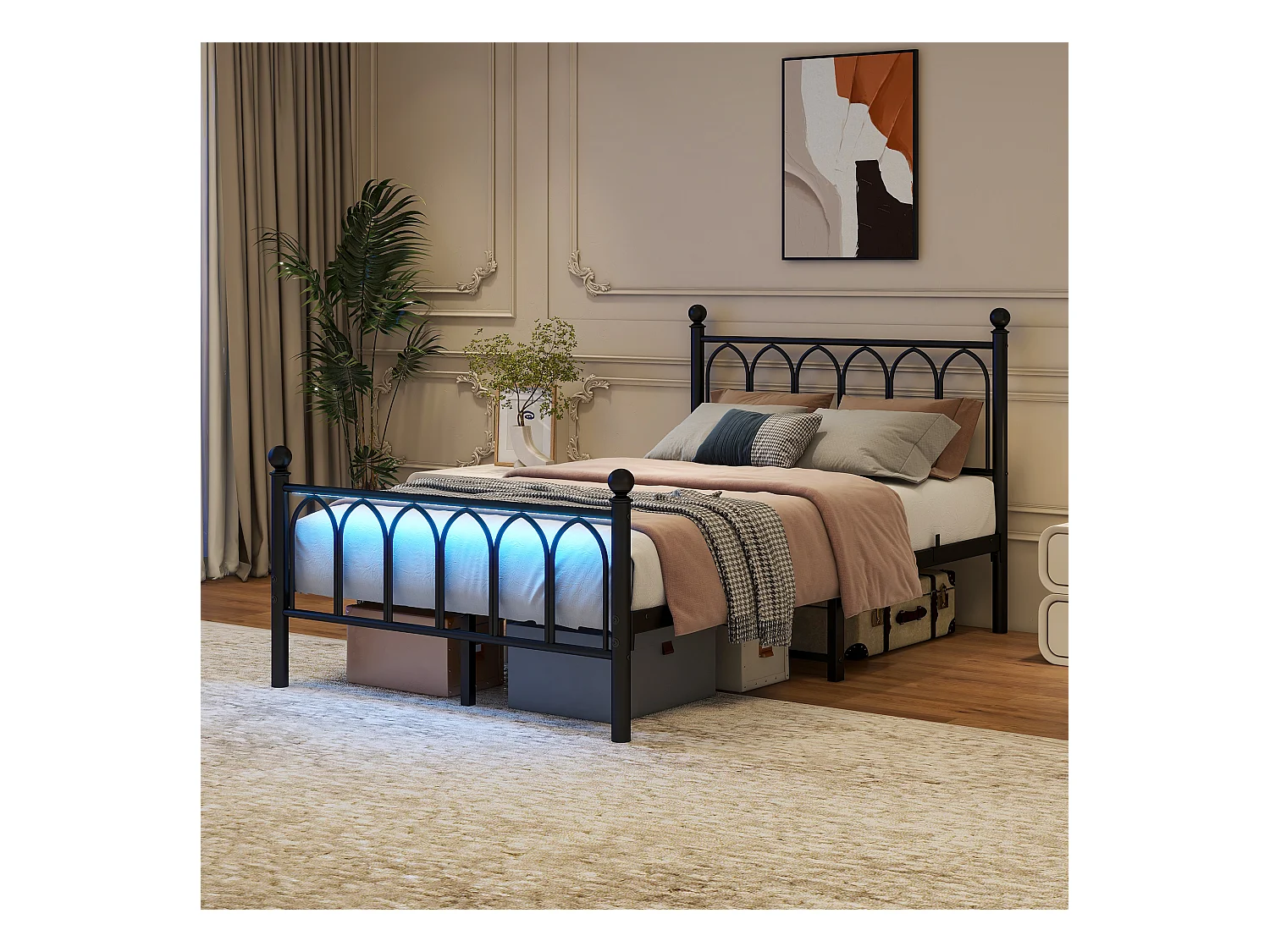 Lit plateforme en métal avec tête et pied vintage, USB, LED, métal, noir (206.5x121x102.5 cm)
