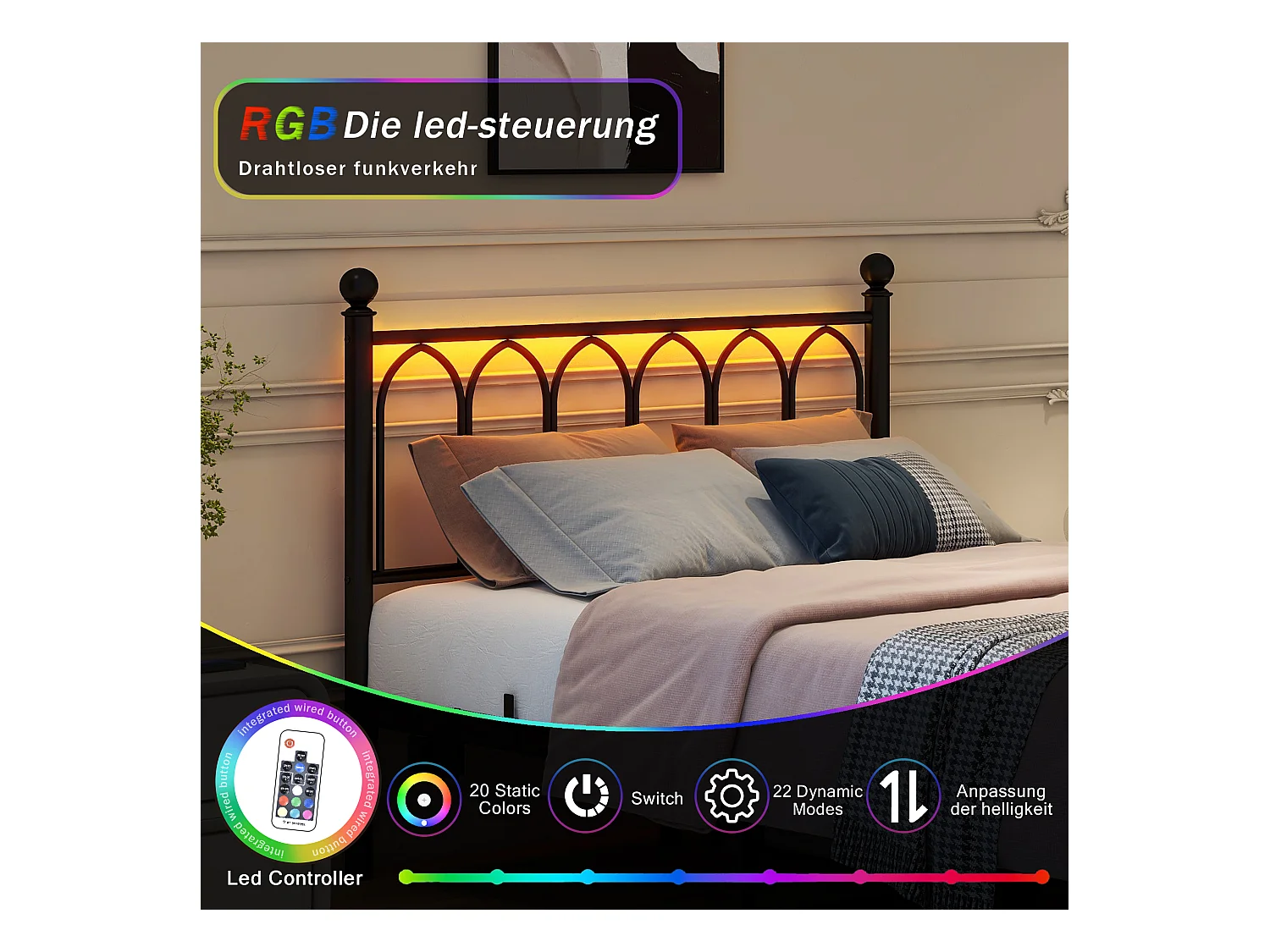 Lit plateforme en métal avec tête et pied vintage, USB, LED, métal, noir (206.5x121x102.5 cm)