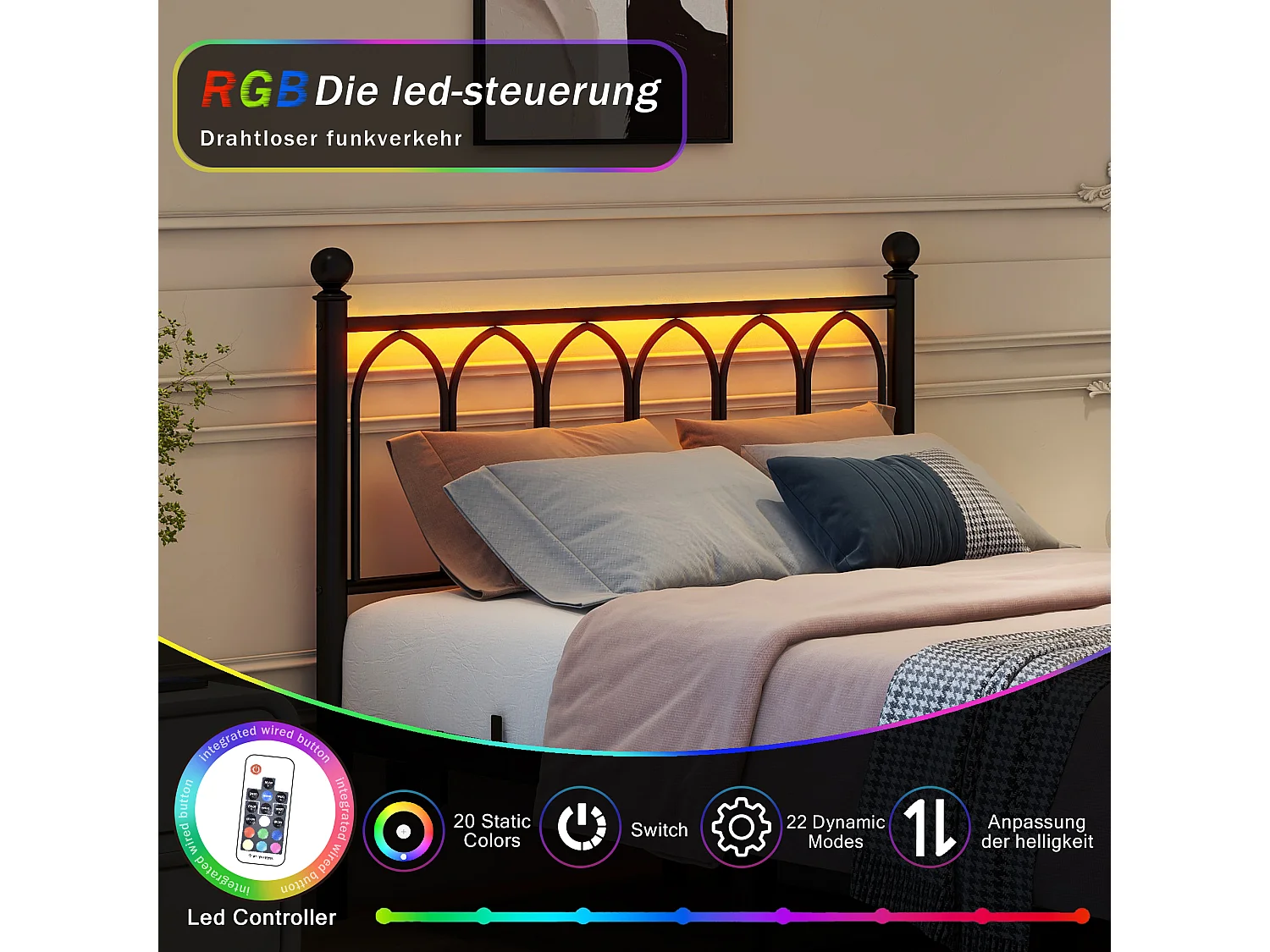 Lit plateforme en métal avec tête et pied vintage, USB, LED, métal, noir (206.5x121x102.5 cm)