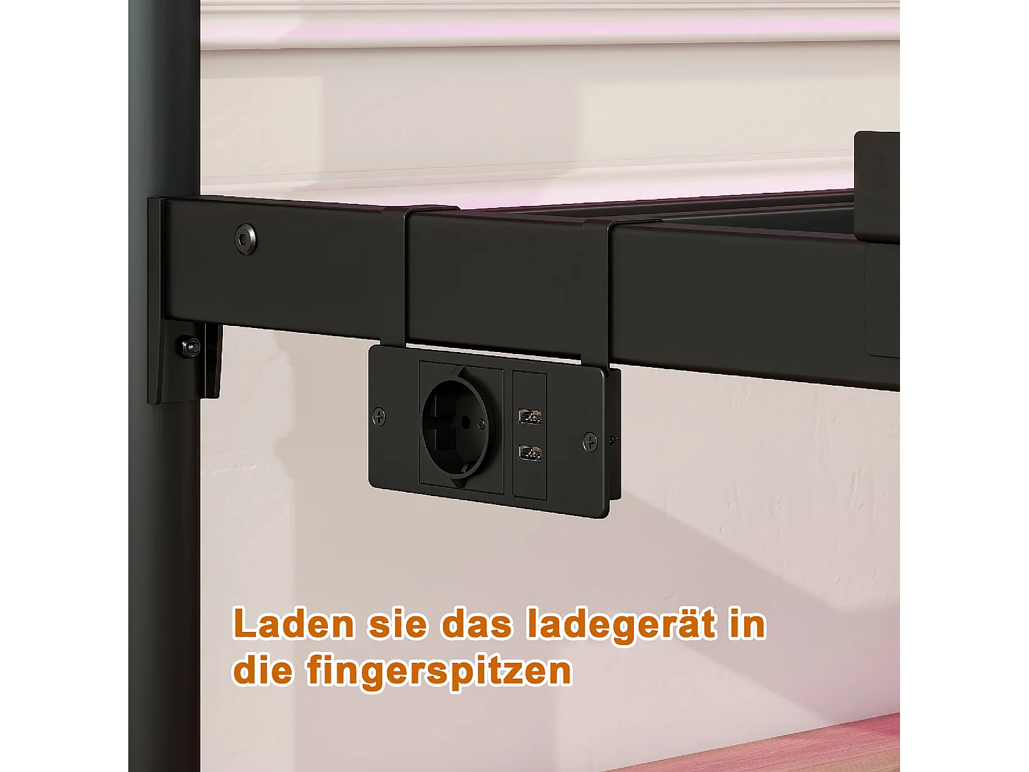 Lit plateforme en métal avec tête et pied vintage, USB, LED, métal, noir (206.5x121x102.5 cm)