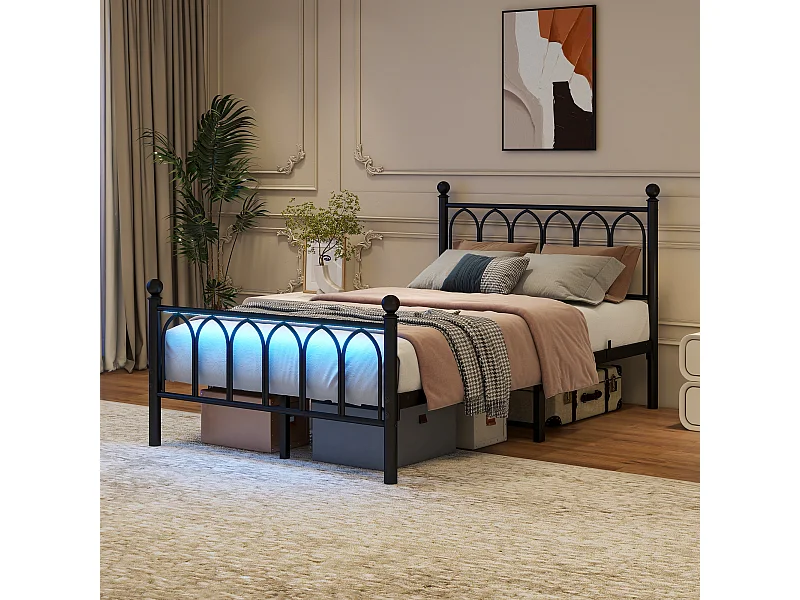 Metalen platformbed met vintage hoofdeinde en voeteneinde, USB, LED, metaal, zwart (206,5x121x102,5 cm)