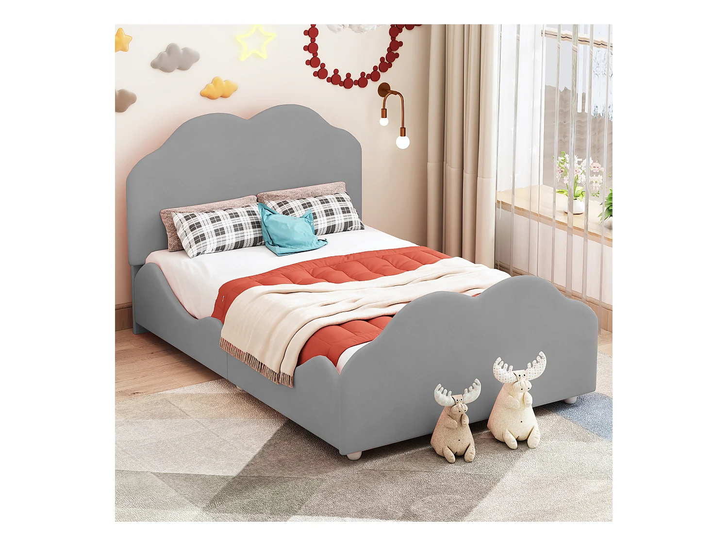 Gestoffeerd kinderbed 90x200 cm met hoge spijlen, hoofd- en voeteneinde in de vorm van een wolk, grijs fluweel (207,5x95x107,5 cm)