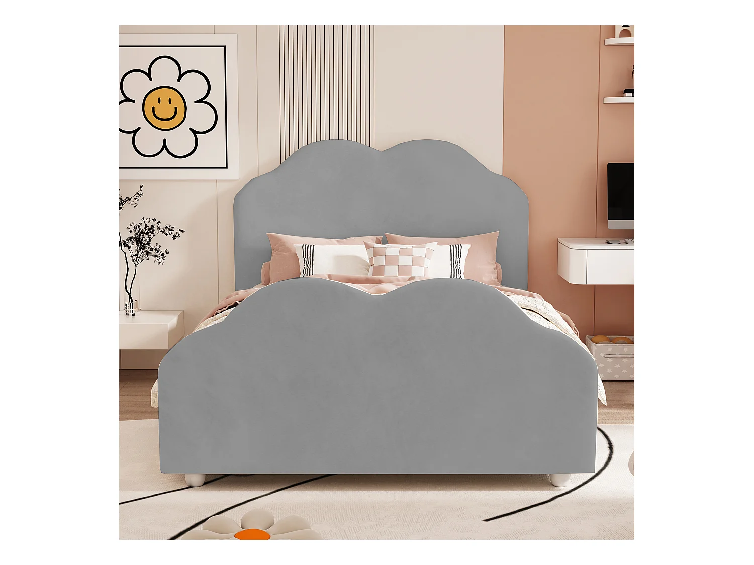 Gestoffeerd kinderbed 90x200 cm met hoge spijlen, hoofd- en voeteneinde in de vorm van een wolk, grijs fluweel (207,5x95x107,5 cm)