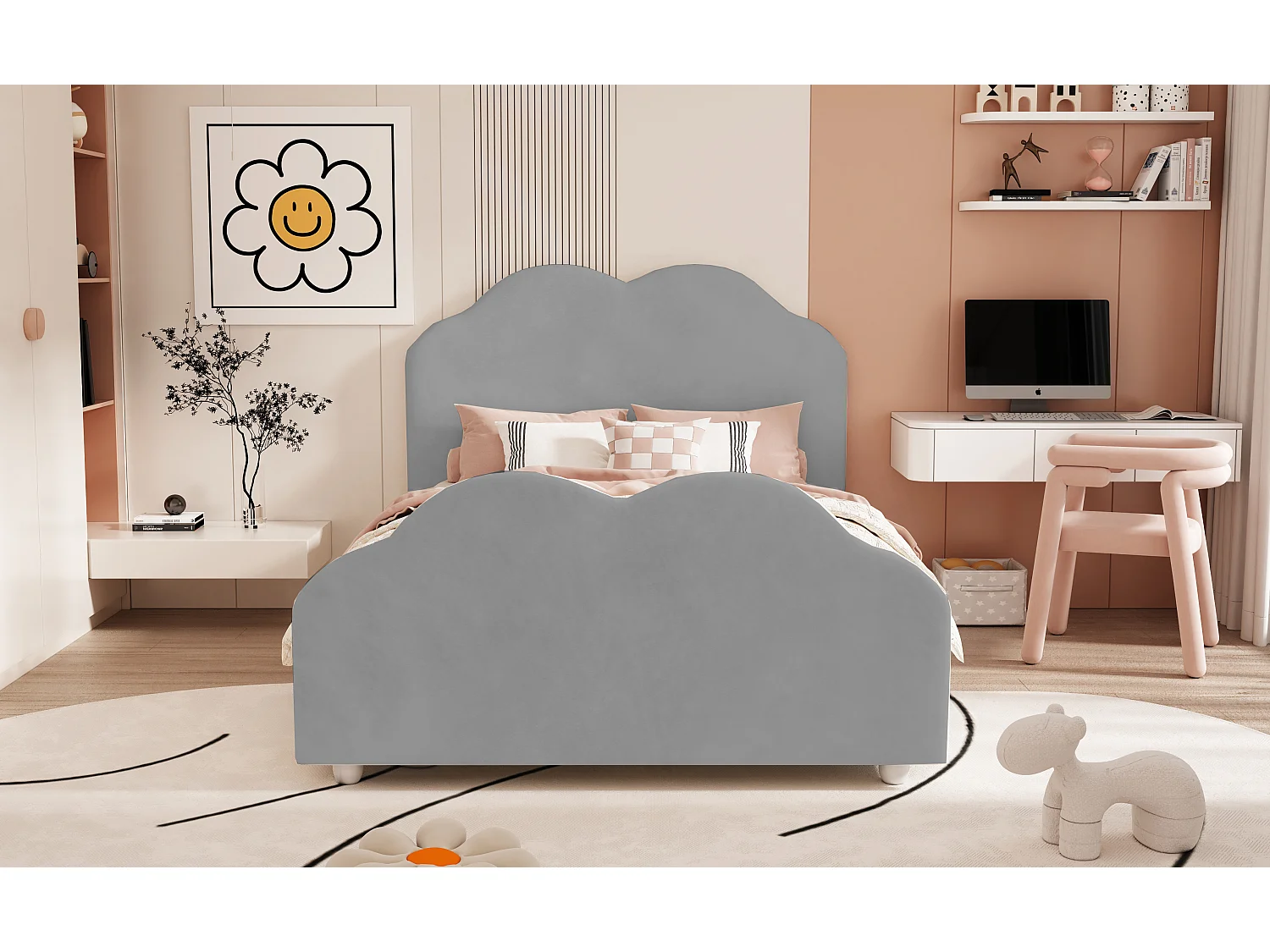 Gestoffeerd kinderbed 90x200 cm met hoge spijlen, hoofd- en voeteneinde in de vorm van een wolk, grijs fluweel (207,5x95x107,5 cm)