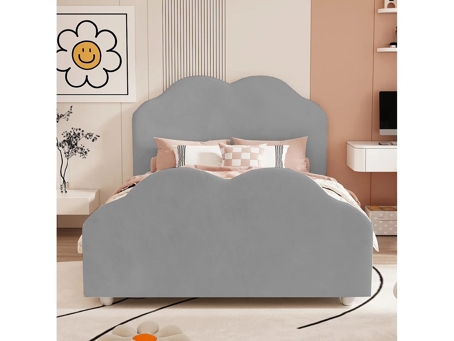 Lit enfant rembourré 90x200 cm avec barreaux hauts, tête et pied en forme de nuage, velours gris (207.5x95x107.5 cm)