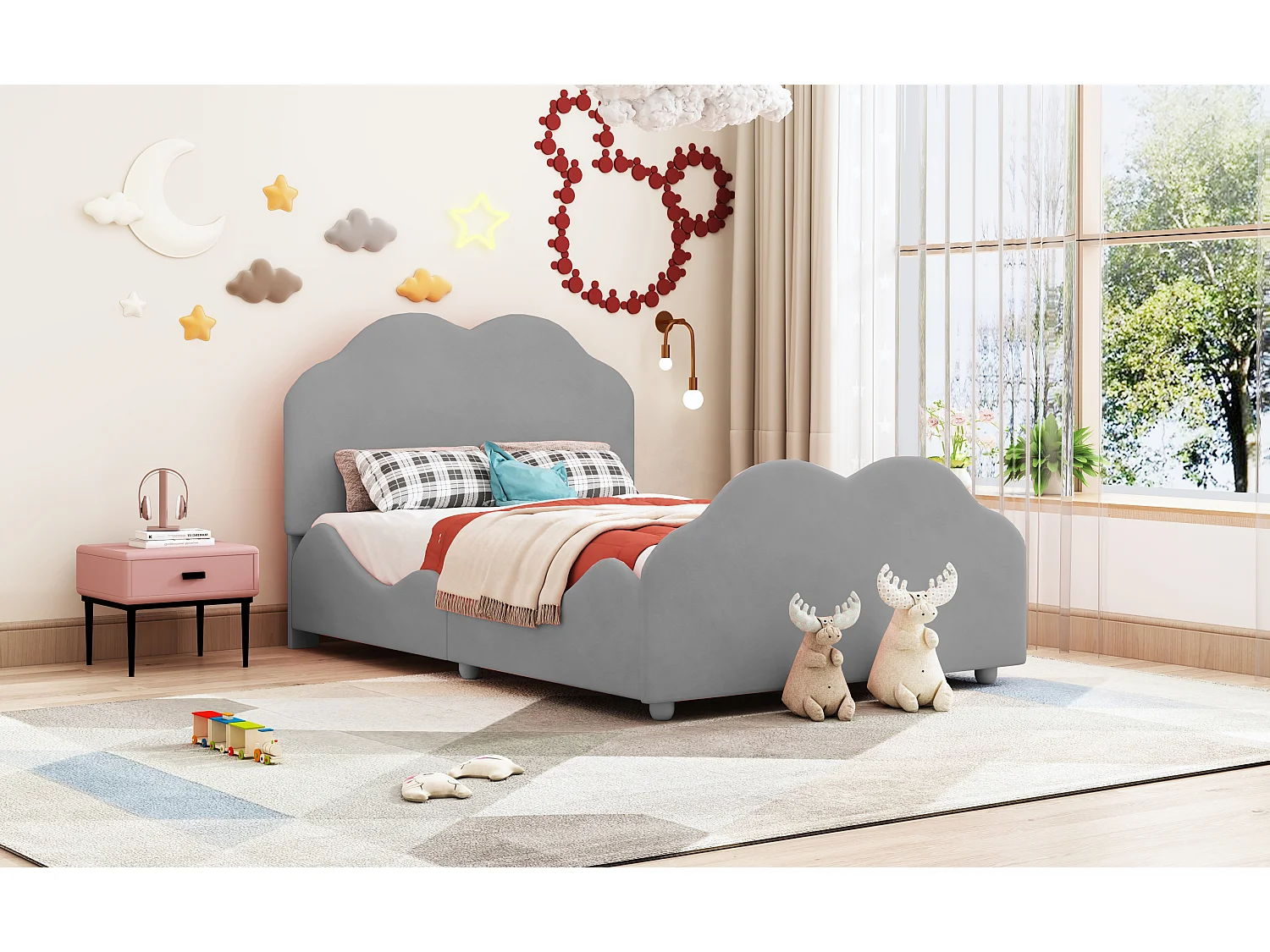 Lit enfant rembourré 90x200 cm avec barreaux hauts, tête et pied en forme de nuage, velours gris (207.5x95x107.5 cm)