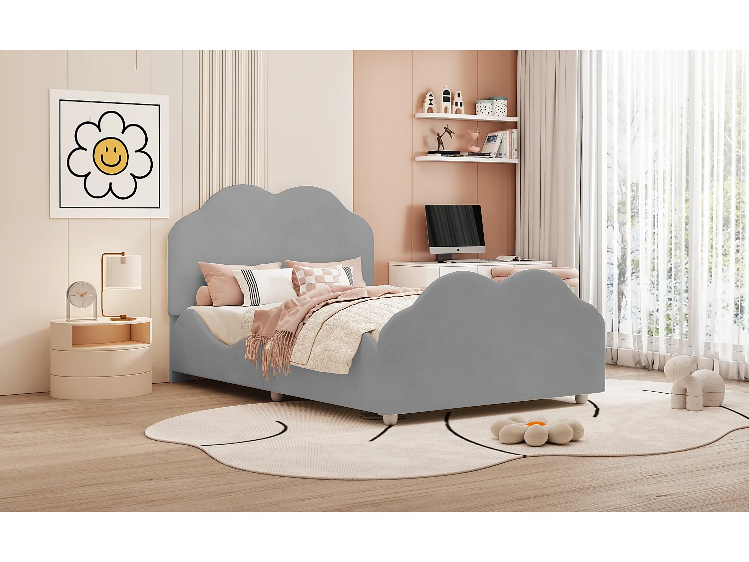 Lit enfant rembourré 90x200 cm avec barreaux hauts, tête et pied en forme de nuage, velours gris (207.5x95x107.5 cm)
