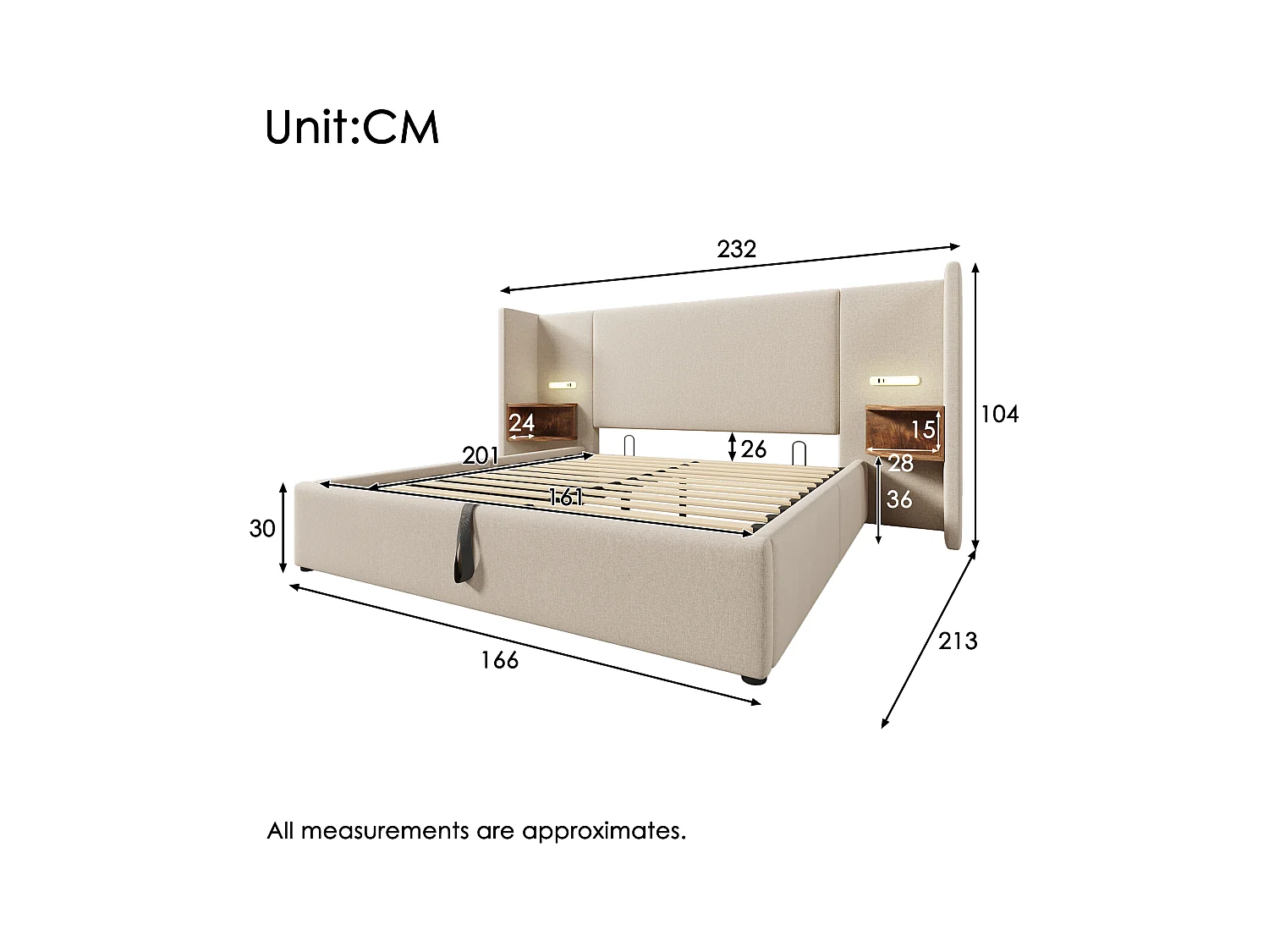 Lit double avec rangement hydraulique, tête de lit multifonction, cadre en lin beige, bois massif et métal, lampe tactile et ports USB (232x213x104cm)