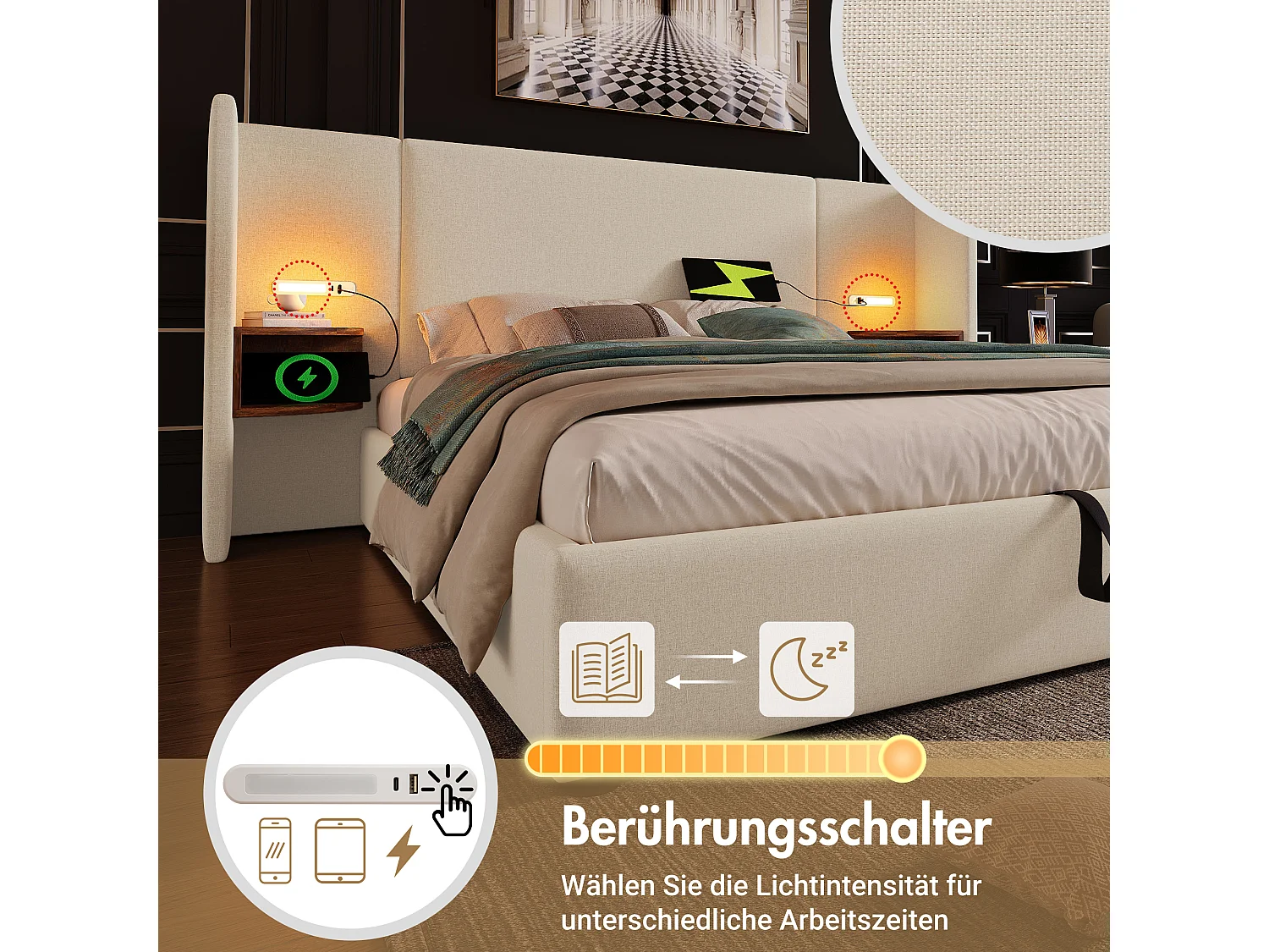 Lit double avec rangement hydraulique, tête de lit multifonction, cadre en lin beige, bois massif et métal, lampe tactile et ports USB (232x213x104cm)