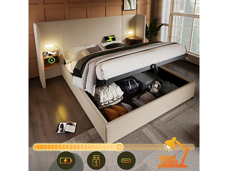 Lit double avec rangement hydraulique, tête de lit multifonction, cadre en lin beige, bois massif et métal, lampe tactile et ports USB (232x213x104cm)