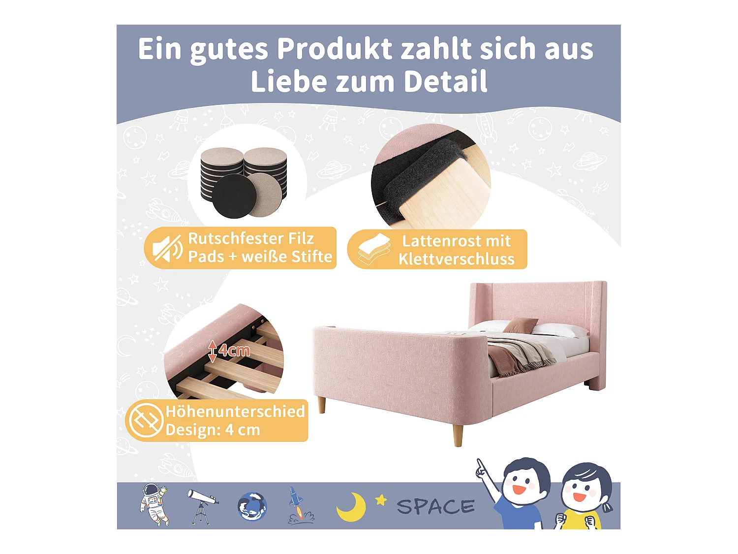 Lit enfant rembourré, design luge avec motif cosmique, velours rose, sans matelas (212x99x76cm)