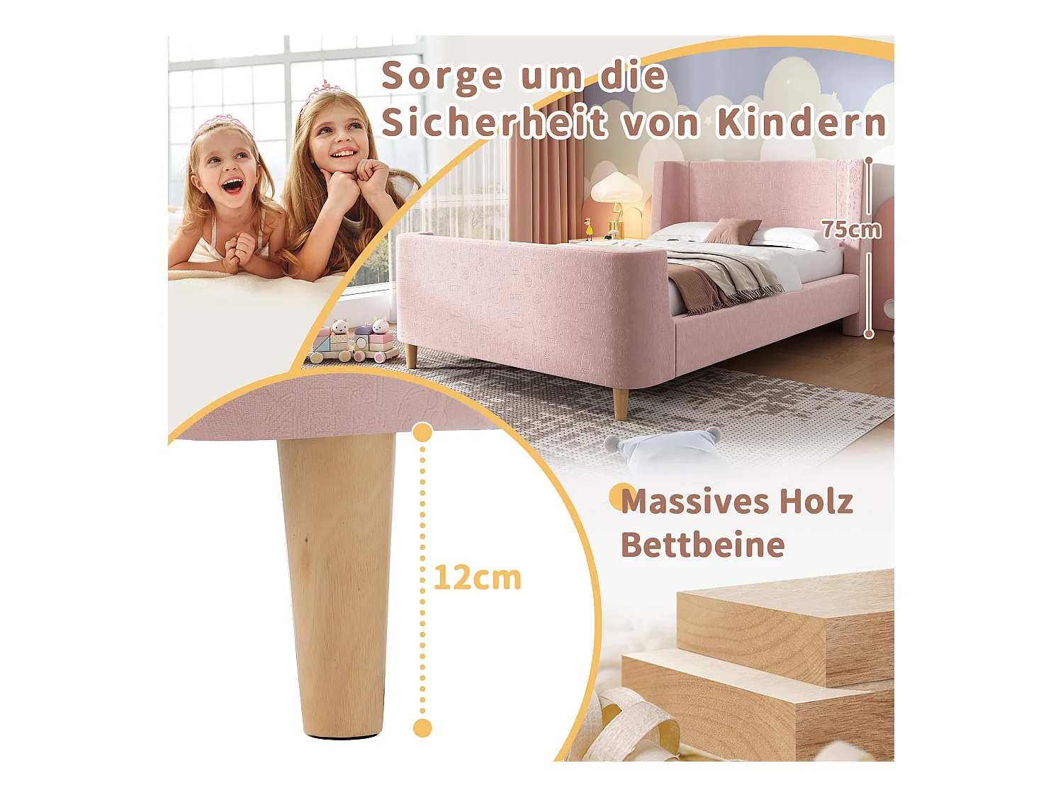 Lit enfant rembourré, design luge avec motif cosmique, velours rose, sans matelas (212x99x76cm)