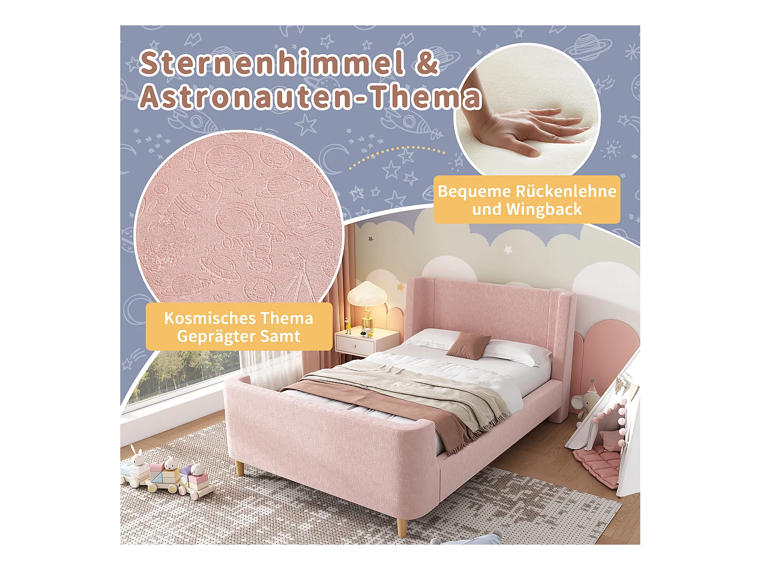 Lit enfant rembourré, design luge avec motif cosmique, velours rose, sans matelas (212x99x76cm)