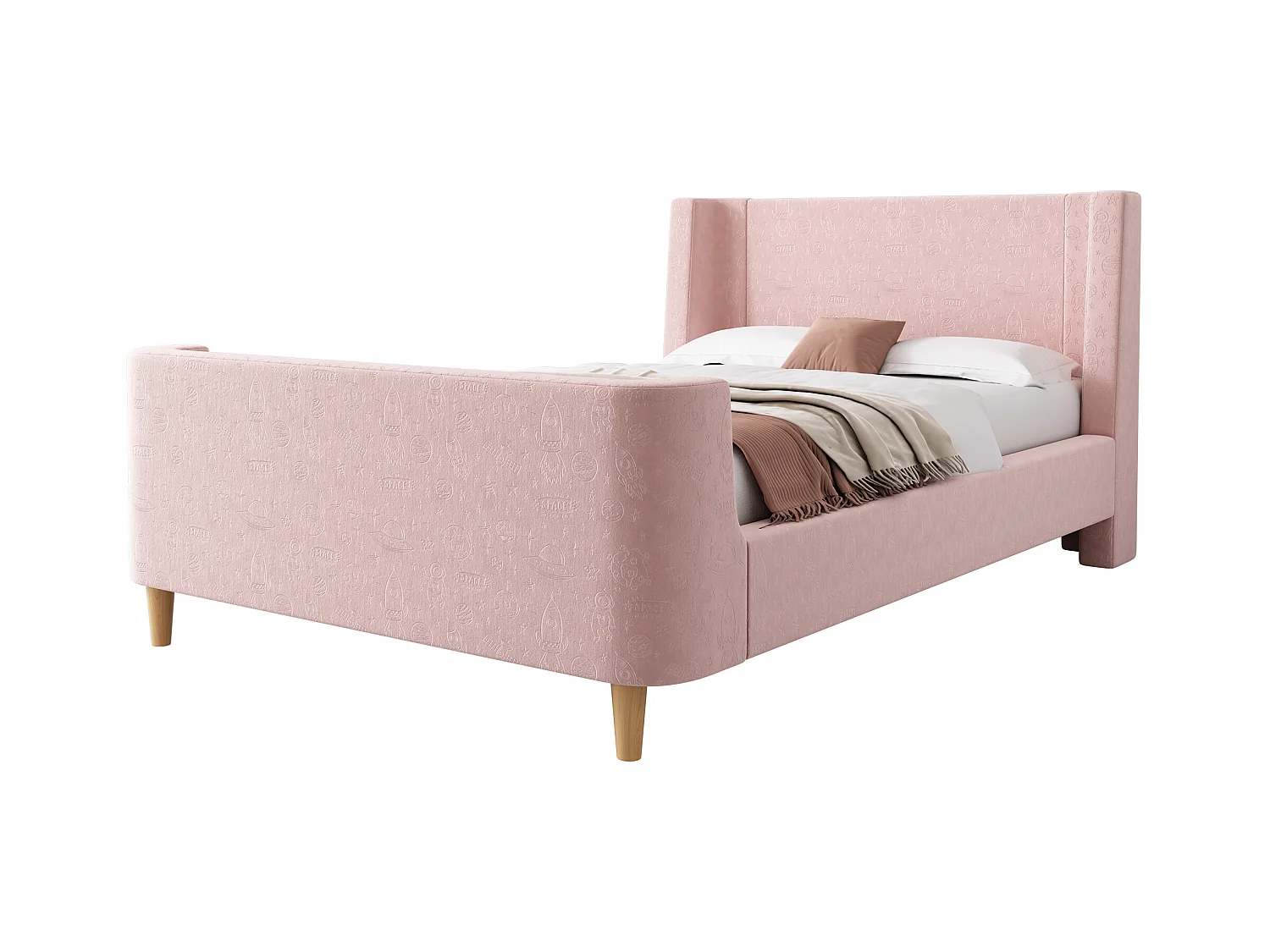 Lit enfant rembourré, design luge avec motif cosmique, velours rose, sans matelas (212x99x76cm)