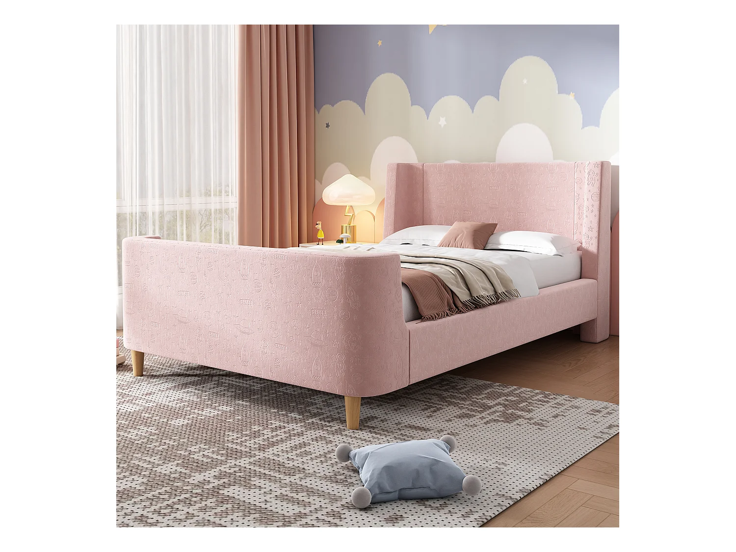 Lit enfant rembourré, design luge avec motif cosmique, velours rose, sans matelas (212x99x76cm)