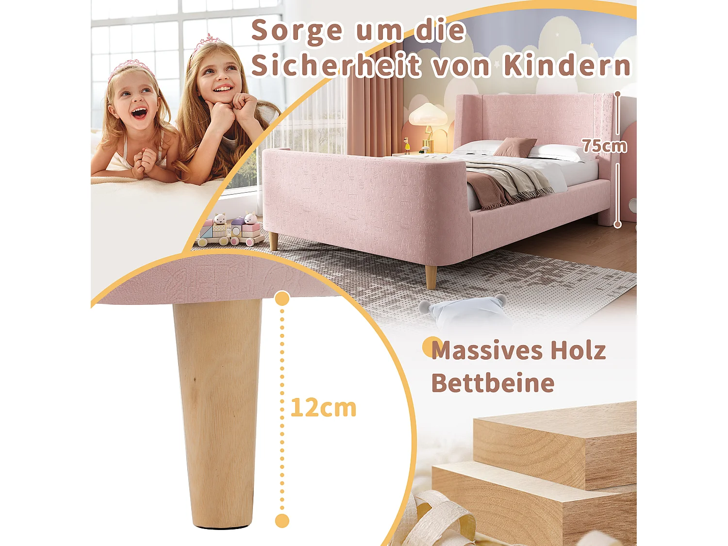 Lit enfant rembourré, design luge avec motif cosmique, velours rose, sans matelas (212x99x76cm)