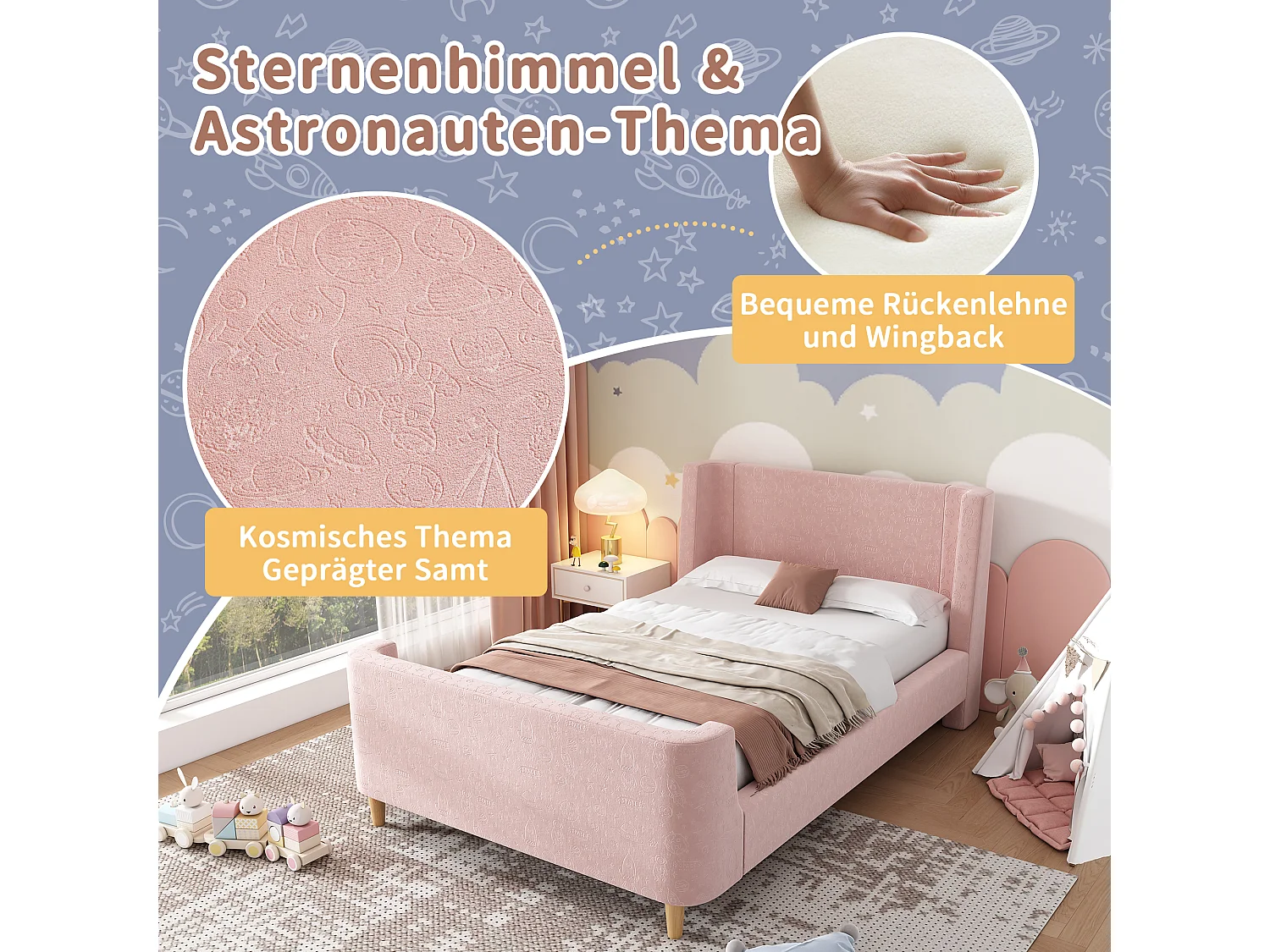 Lit enfant rembourré, design luge avec motif cosmique, velours rose, sans matelas (212x99x76cm)