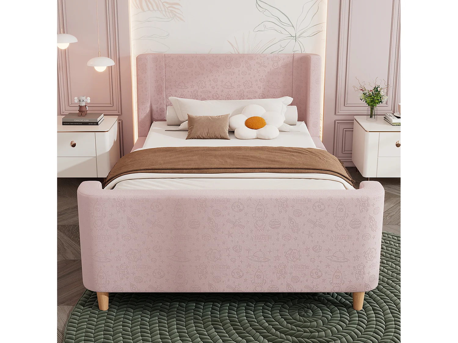 Lit enfant rembourré, design luge avec motif cosmique, velours rose, sans matelas (212x99x76cm)