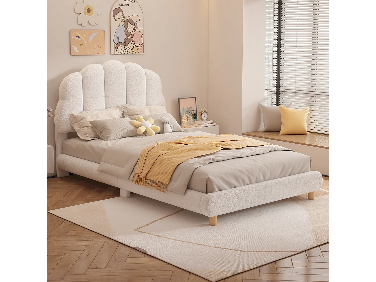 Lit plat 90x200 cm, enfant, Pluche, tête de lit mignonne, blanc (209x101x99 cm)