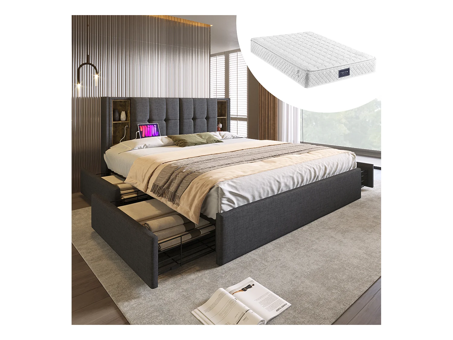 Letto matrimoniale con ricarica wireless USB C e 4 cassetti, struttura in metallo, letto imbottito 160x200 cm, legno, lino beige (con materasso) (223x165x106 cm)