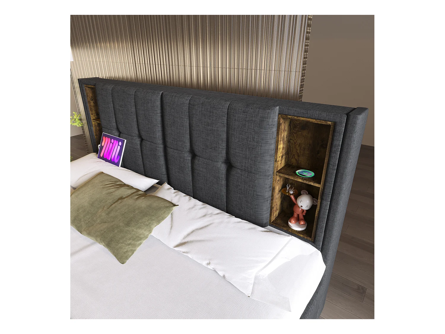 Letto matrimoniale con ricarica wireless USB C e 4 cassetti, struttura in metallo, letto imbottito 160x200 cm, legno, lino beige (con materasso) (223x165x106 cm)