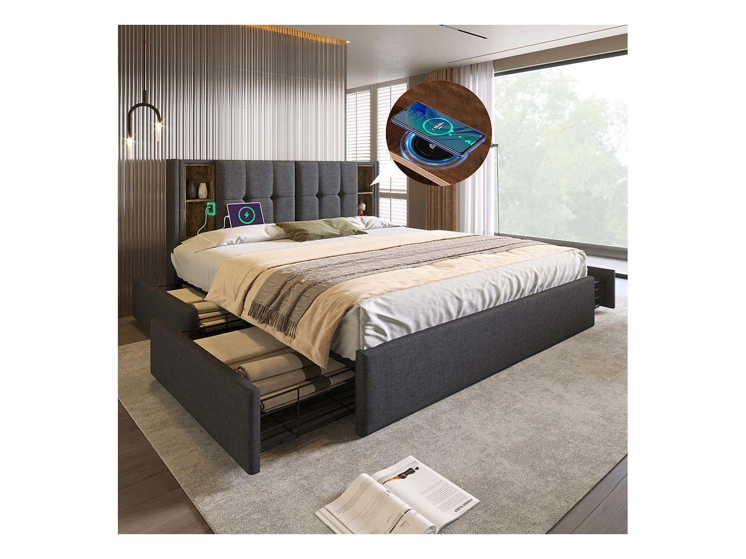 Letto matrimoniale con ricarica wireless USB C e 4 cassetti, struttura in metallo, letto imbottito 160x200 cm, legno, lino beige (con materasso) (223x165x106 cm)