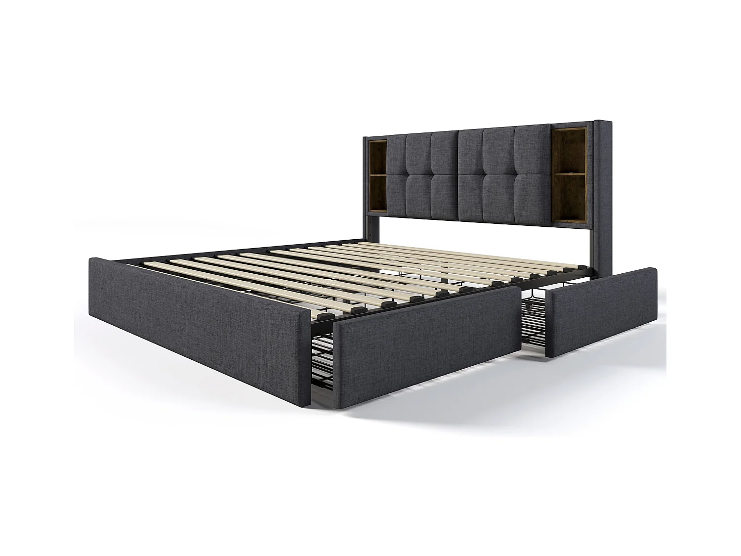 Letto matrimoniale con ricarica wireless USB C e 4 cassetti, struttura in metallo, letto imbottito 160x200 cm, legno, lino beige (con materasso) (223x165x106 cm)