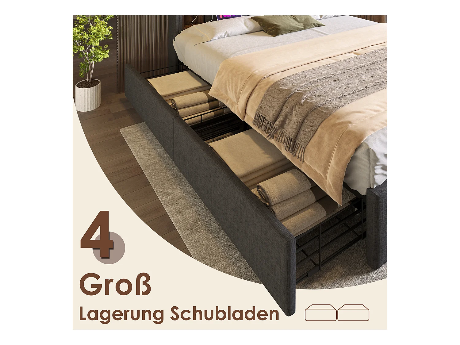 Letto matrimoniale con ricarica wireless USB C e 4 cassetti, struttura in metallo, letto imbottito 160x200 cm, legno, lino beige (con materasso) (223x165x106 cm)
