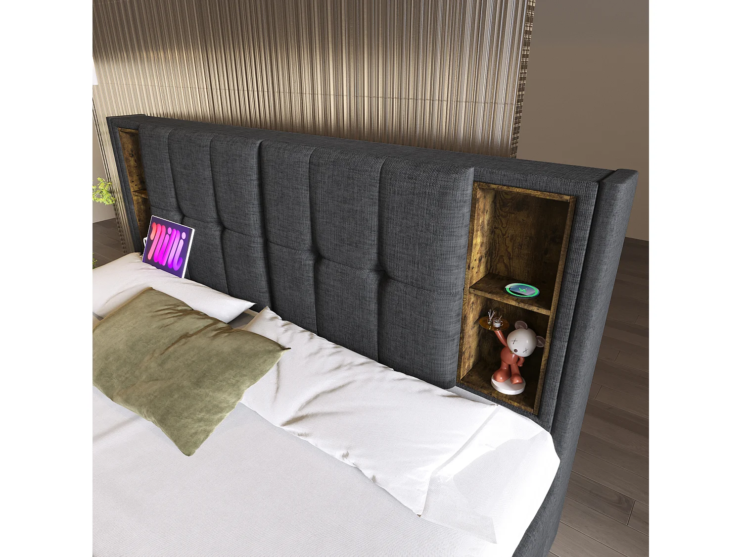 Lit double avec charge sans fil USB C & 4 tiroirs, cadre en métal, lit capitonné 160x200 cm, bois, lin beige (avec matelas) (223x165x106 cm)