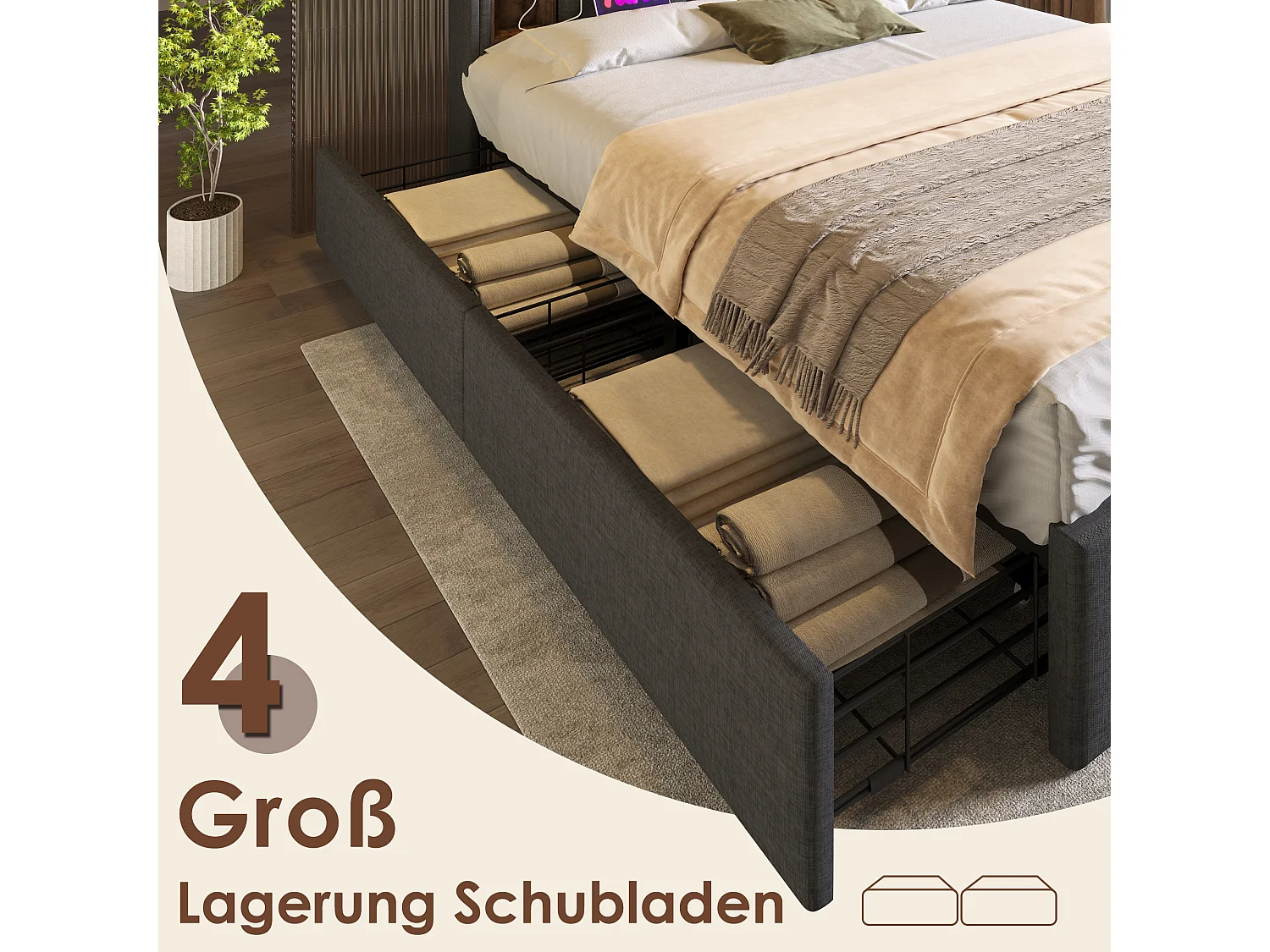 Lit double avec charge sans fil USB C & 4 tiroirs, cadre en métal, lit capitonné 160x200 cm, bois, lin beige (avec matelas) (223x165x106 cm)