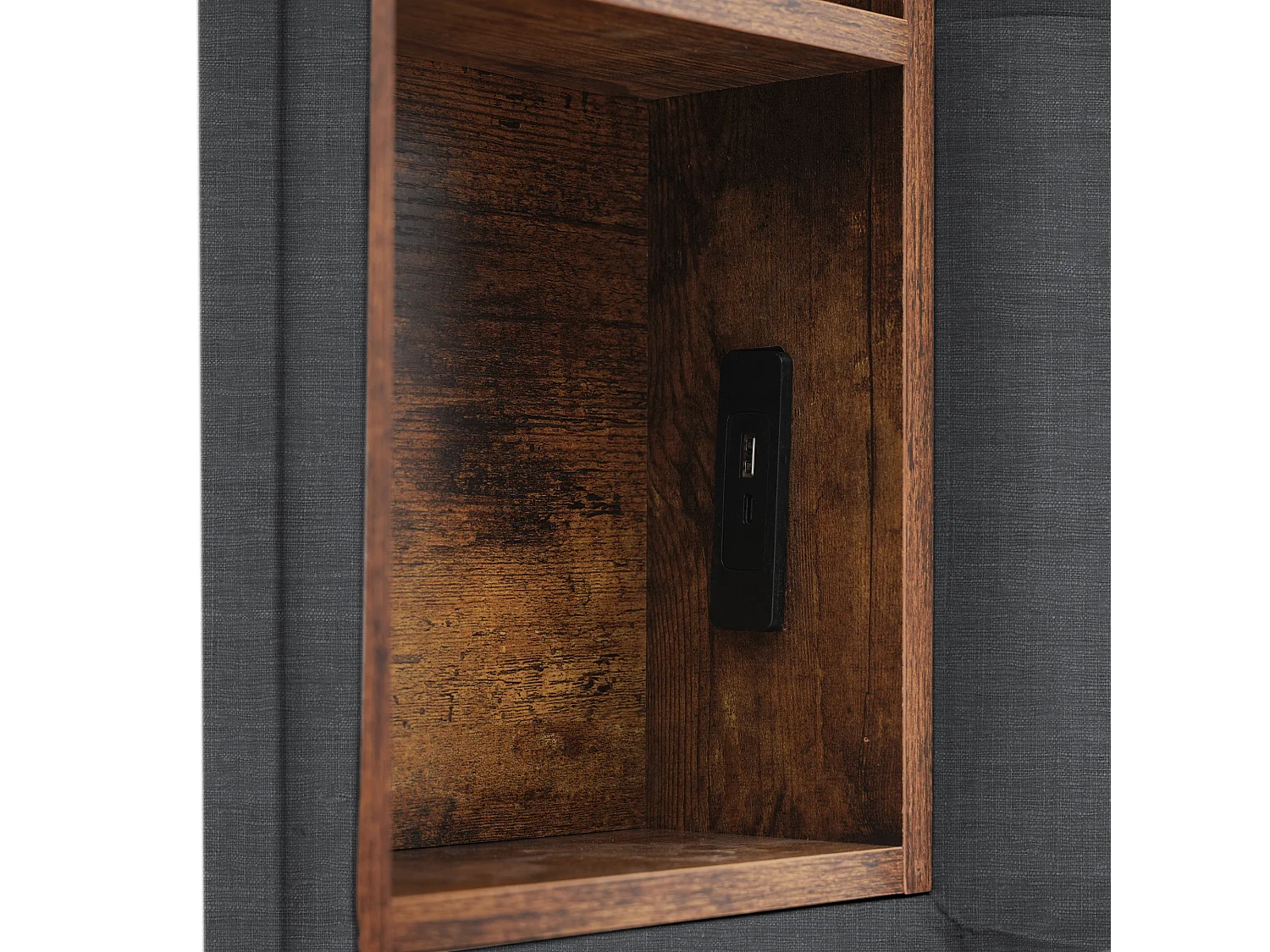 Lit double avec charge sans fil USB C & 4 tiroirs, cadre en métal, lit capitonné 160x200 cm, bois, lin beige (avec matelas) (223x165x106 cm)