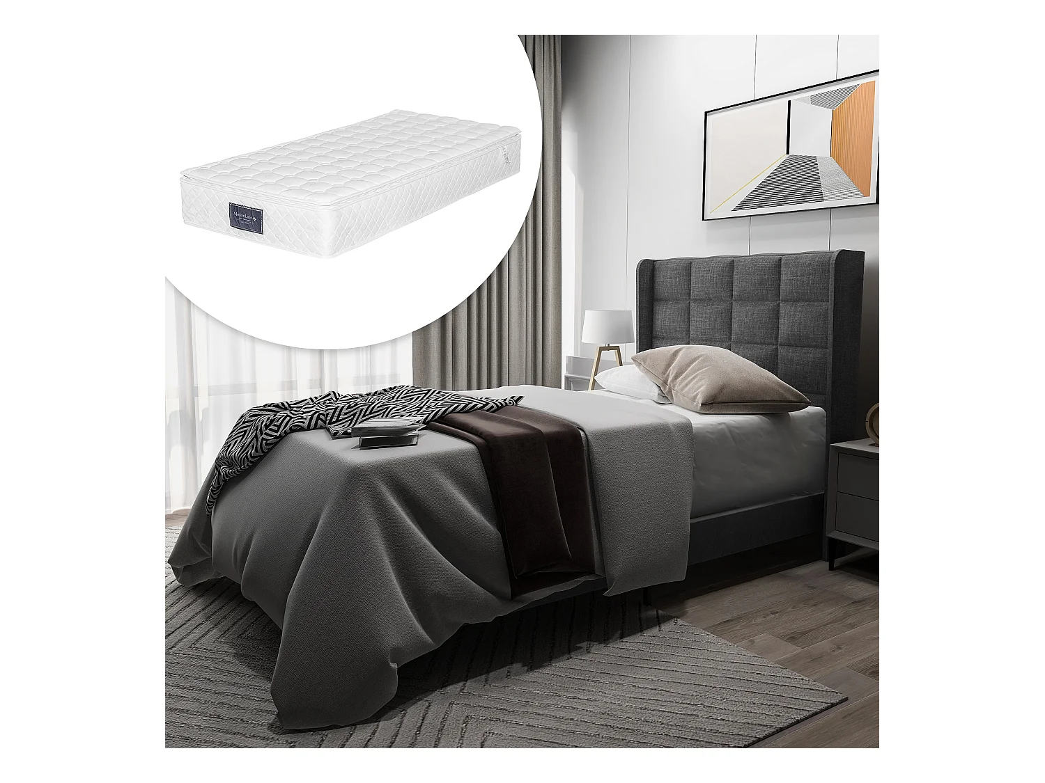 Lit tapissé simple avec tête rembourrée, sommier à lattes, lin gris (97x208x111cm)