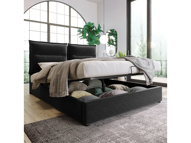 Hydraulisch bed met verstelbaar hoofdeinde, 140x200 cm, gestoffeerd bed met 2 opberglades, metalen frame en houten onderstel, zwart fluweel (zonder matras)